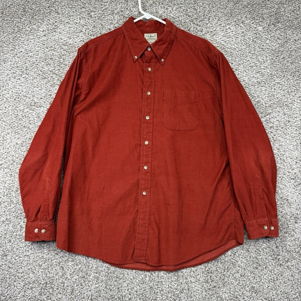 Vintage LL Bean Corduroy Shirt Men's Size Large Orange Cotton Button Up 0YQ70
